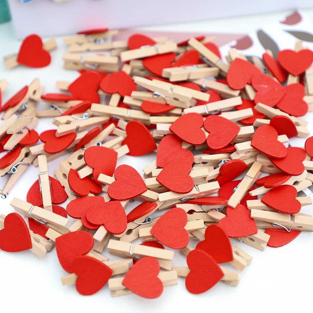 50Pcs Mini Wooden Clip Red Love Heart Shape Photo Paper Clips  DIY Crafts for Valentines Day Wedding Birthday Party Decoration