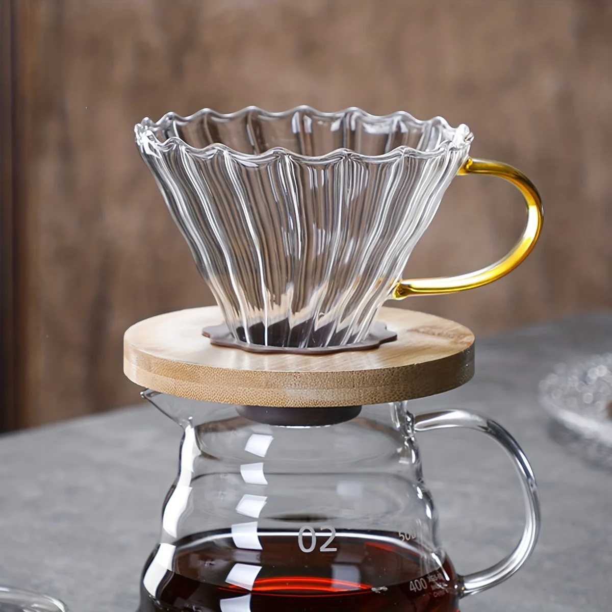 

E5 Glass Coffee Dripper/Filter - Cone Glass Pour Over Coffee Dripper with Bamboo Stand Handle, 1-4 Cups Coffee Drip Accessories
