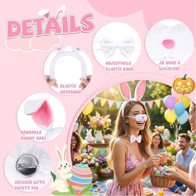 Fashion Bunny Ears Headband Costume Kit Halloween Cosplay Party Supplies Cute Rabbit Hair Accessory For Women Children