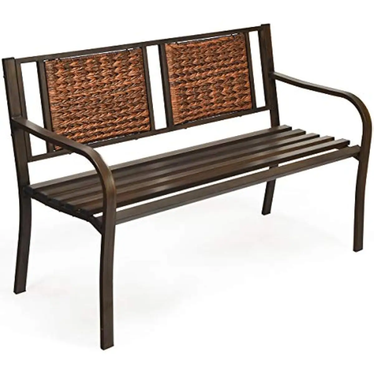 Outdoor patio bench with ergonomic sling backrest and curved armrests, brown powder-coated iron frame, PE rattan slats, 50.5 inc