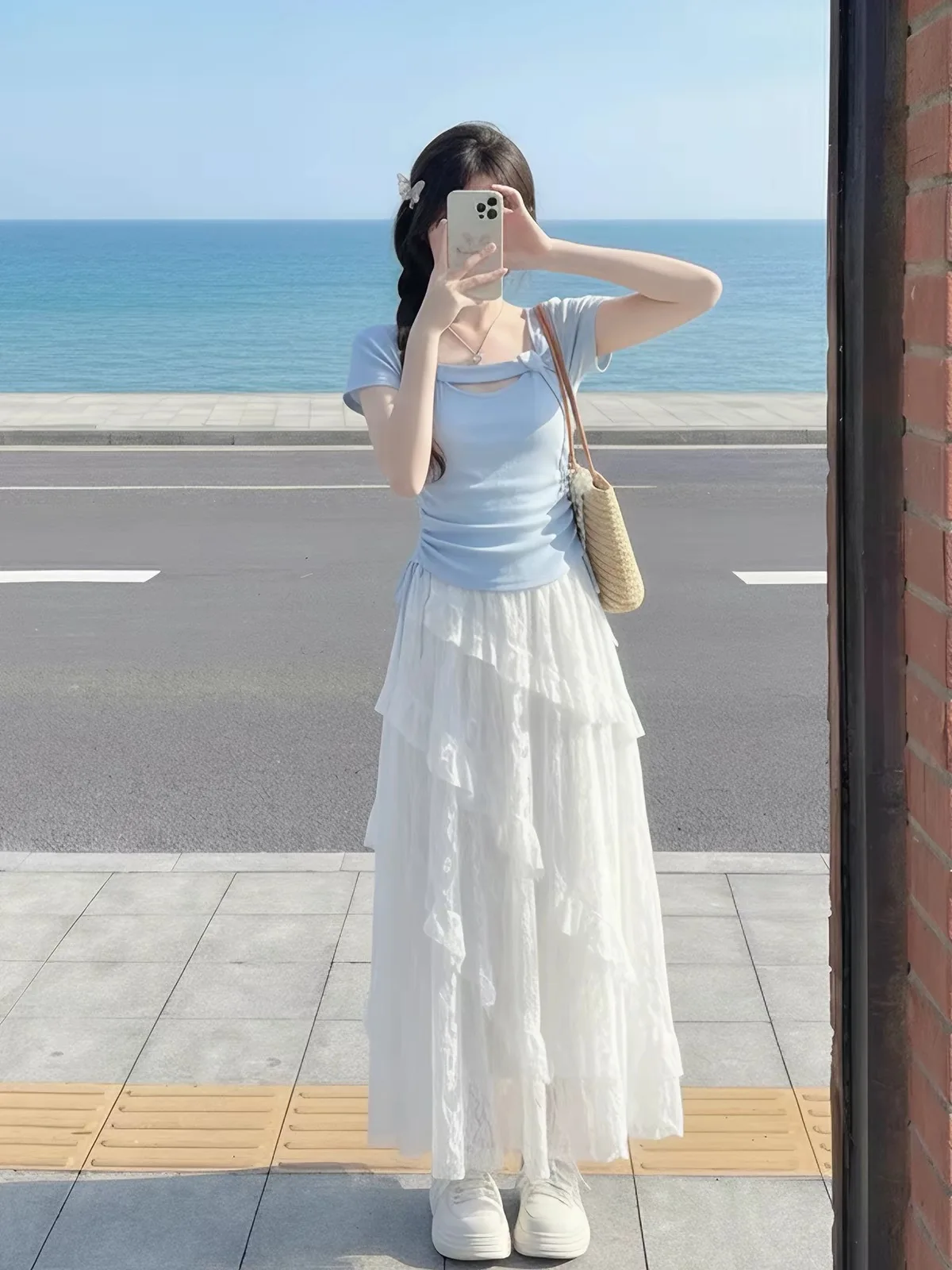 Sweet First Love White Dress Set Women's Summer Beach Atmosphere Small Size Dopamine Two-Piece Set Fashionable Casual Outfit