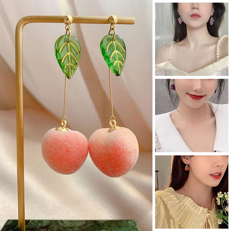 Purple Beads Grape Drop Earrings Simulation Fruit Dangle Earrings Resin Peach Earrings Women Girls Wedding Party Jewelry Gifts