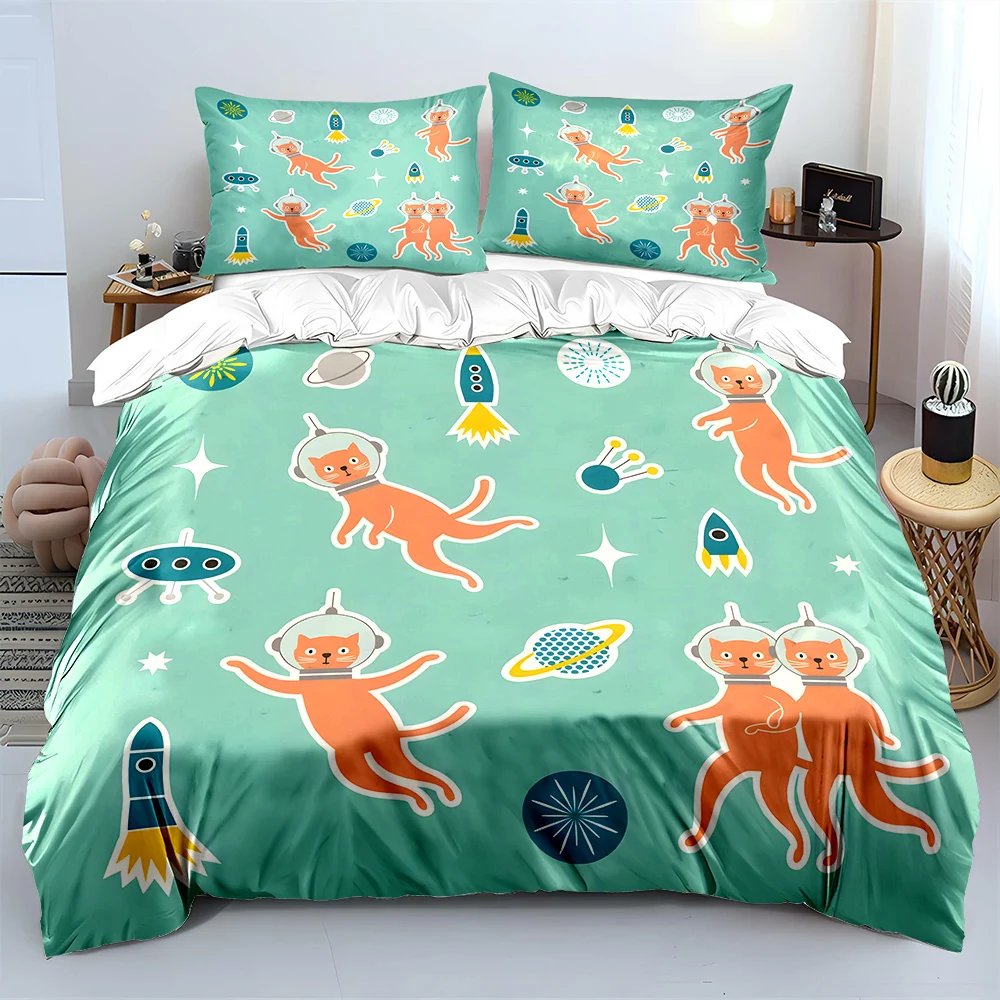 Space cats and spaceship patterns Print Bedding Set 1 Duvet Cover 2 Pillowcases for Adult and Children Luxury Gift Full Size
