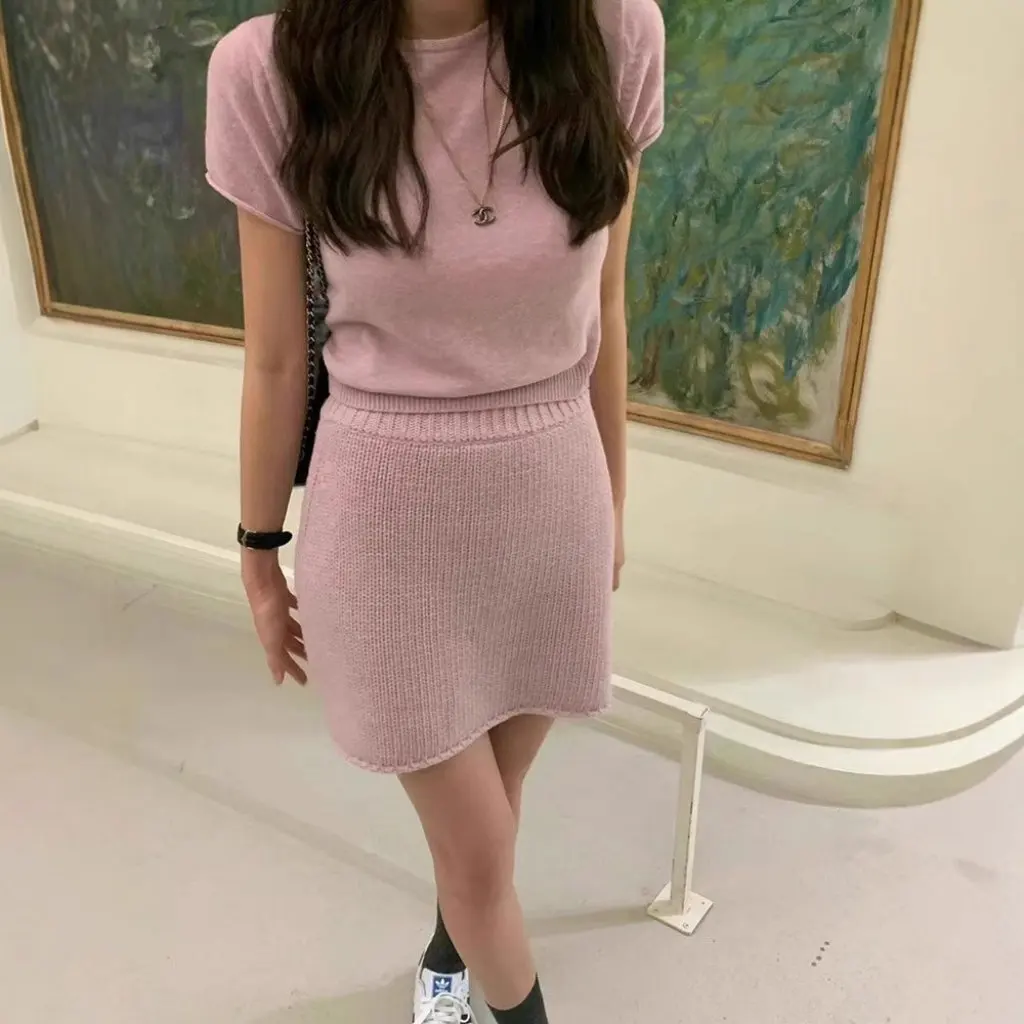 

Summer Vegetable Home Curl Crewneck Knitted Short Sleeve Women's Two-Piece Set Korean Style Ins Strapless Top And Bottom