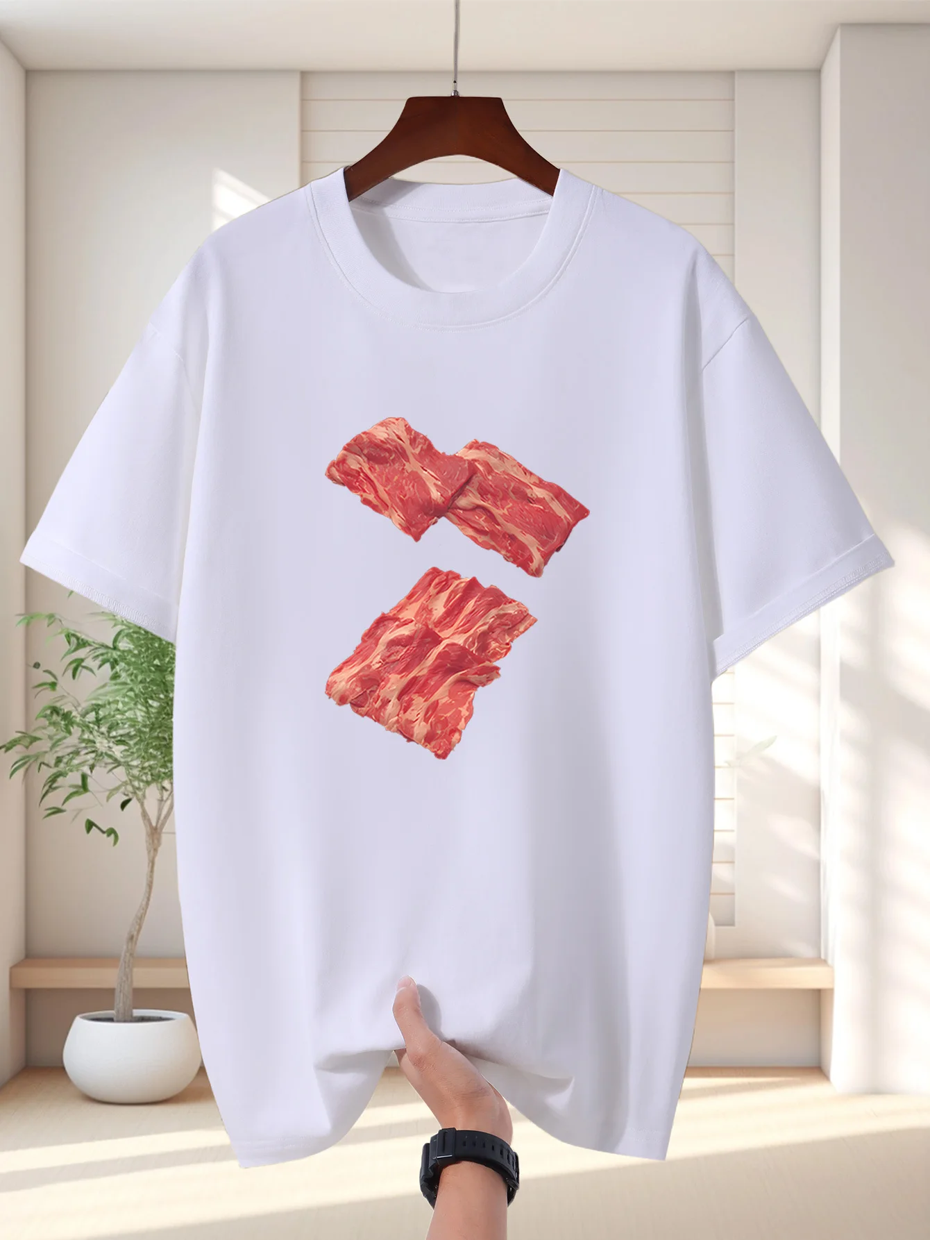 Raw Marbled Bacon Slices Mens Crew Neck T Shirt Fresh Meat Graphic Short Sleeve Tee Barbecue Food Lover Casual Male Street Tops
