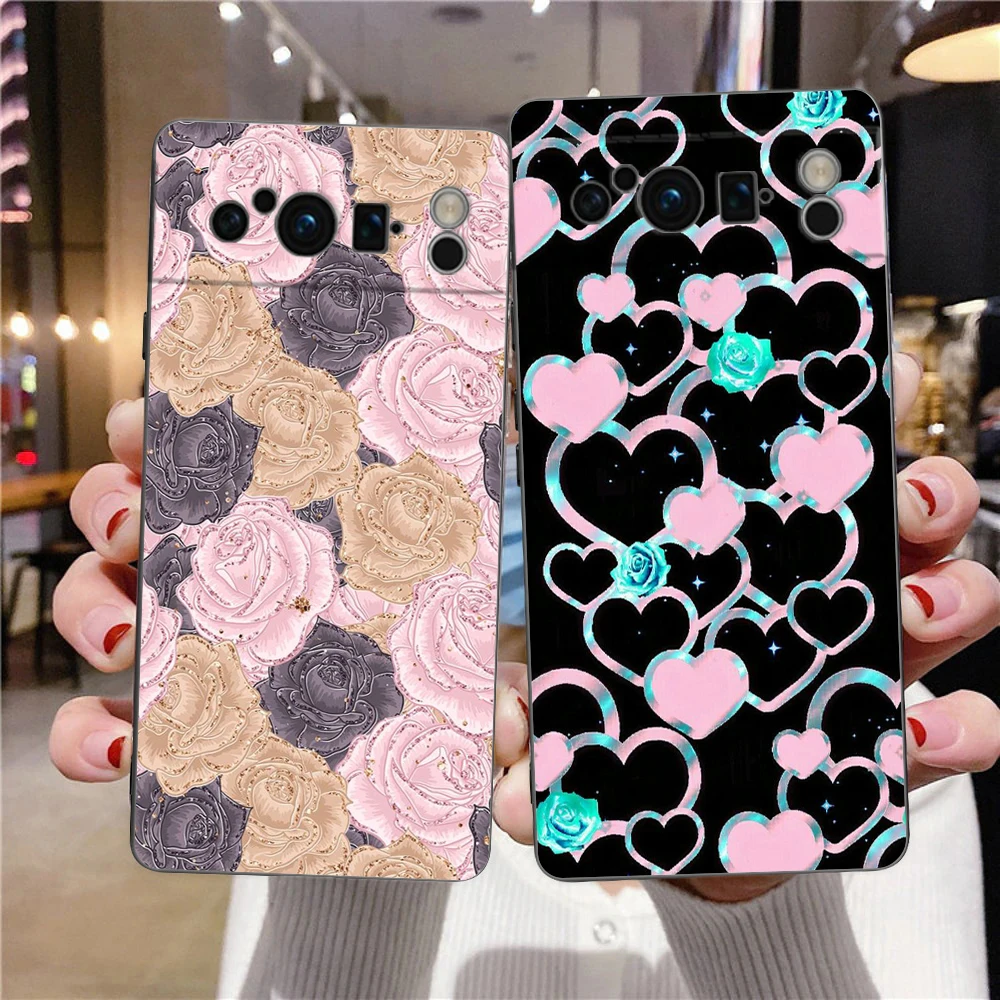 Phone Case For Google Pixel 9 8 8A 7 7A 6 Pro XL 6A 5G Black Soft Shockproof Back Cover TPU Shell Gold Rose Love Heart