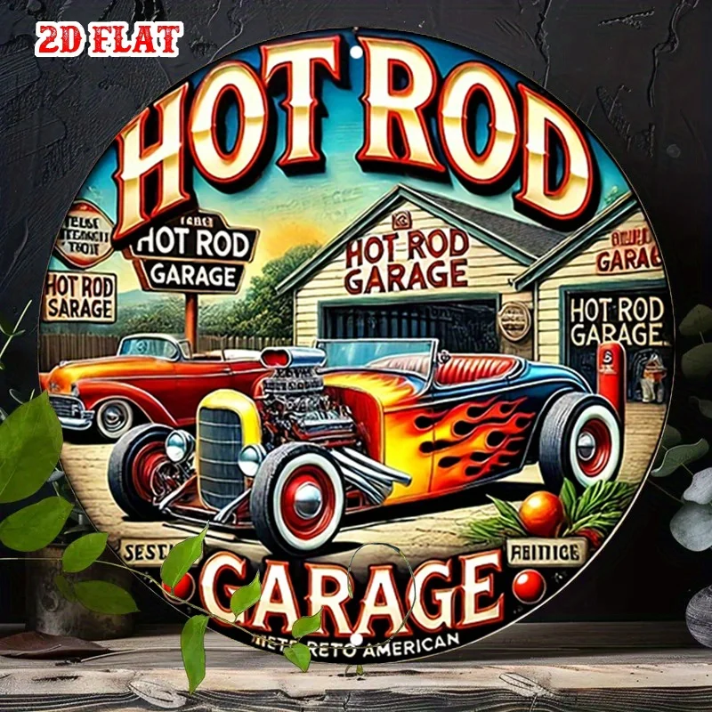 Retro Hot Rod Garage Round Metal Sign, Vintage American Classic Car Wall Decor for Man Cave & Garage