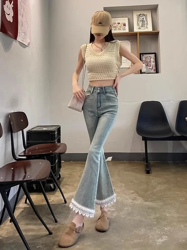 High Waist Bell Bottom Jeans Women's Lace Trim Spring Autumn Sweet Spicy Style Slimming Nine Point Jeans Denim Fabric