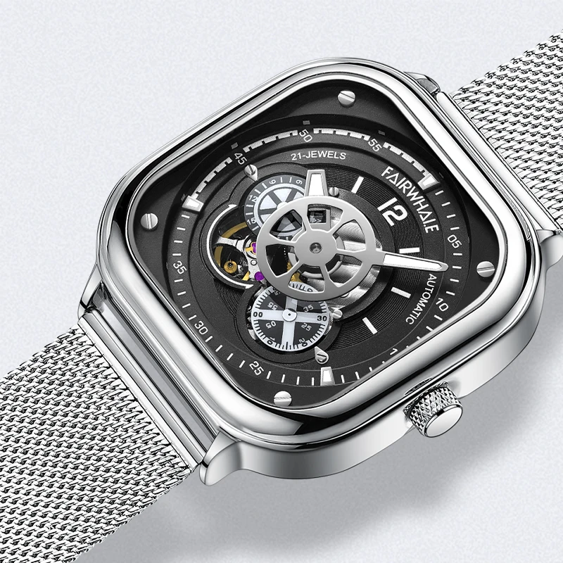 

Mark Fairwhale 6500, мужские автоматические часы, квадратные роскошные часы, водонепроницаемые светящиеся модные механические наручные часы со скелетом