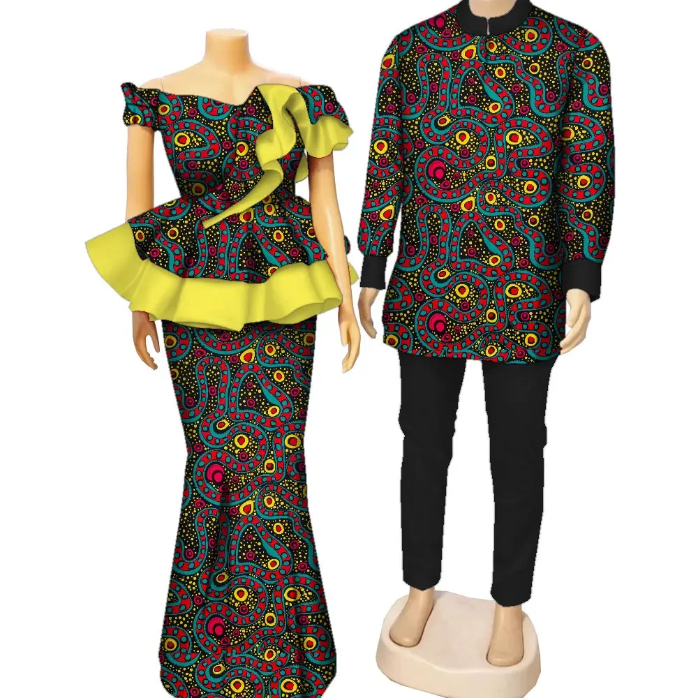 Fashion African Print Clothing for Couple Lovers Men\'s Dashiki Shirt and Women Skirts Set Couple Clothes for Wedding WYQ985