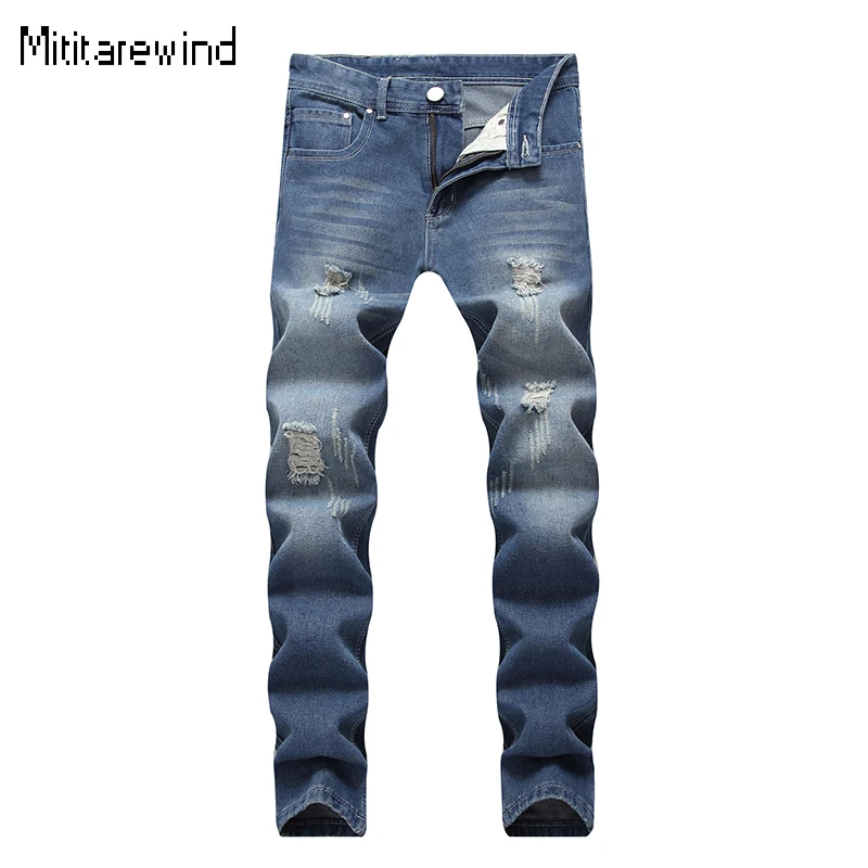 

High Street Ripped Jeans Men Four Seasons Causal Denim Pants Cotton Wash Distressed Straight Jeans Simple Versatile Blue Jeans