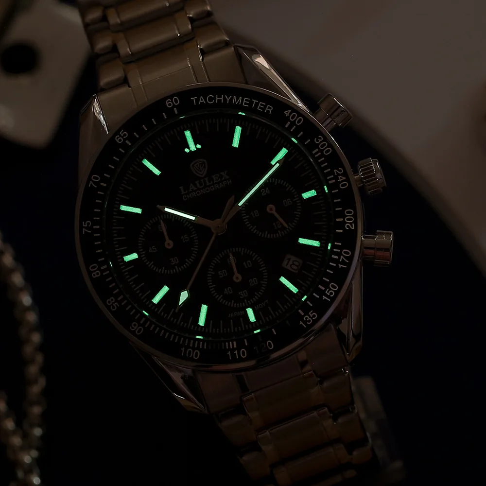 ファッションカジュアルカップルウォッチ真鍮多機能フレームレッドスリーアイズブルーゴールドクロノグラフ自動カレンダーウォッチ