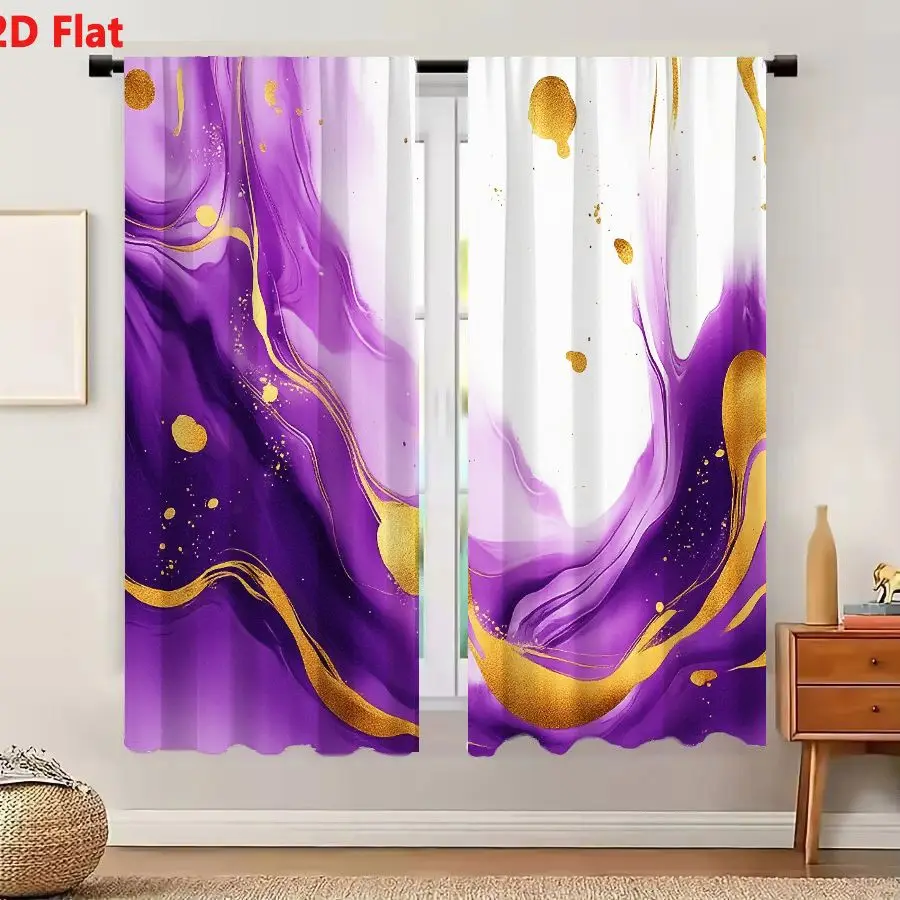 2Pcs Curtains 2D Flat Abstract Artwork With Fluid Marbled Purple White Patterns And Golden Yellow Accents Window Drapes for Bedr