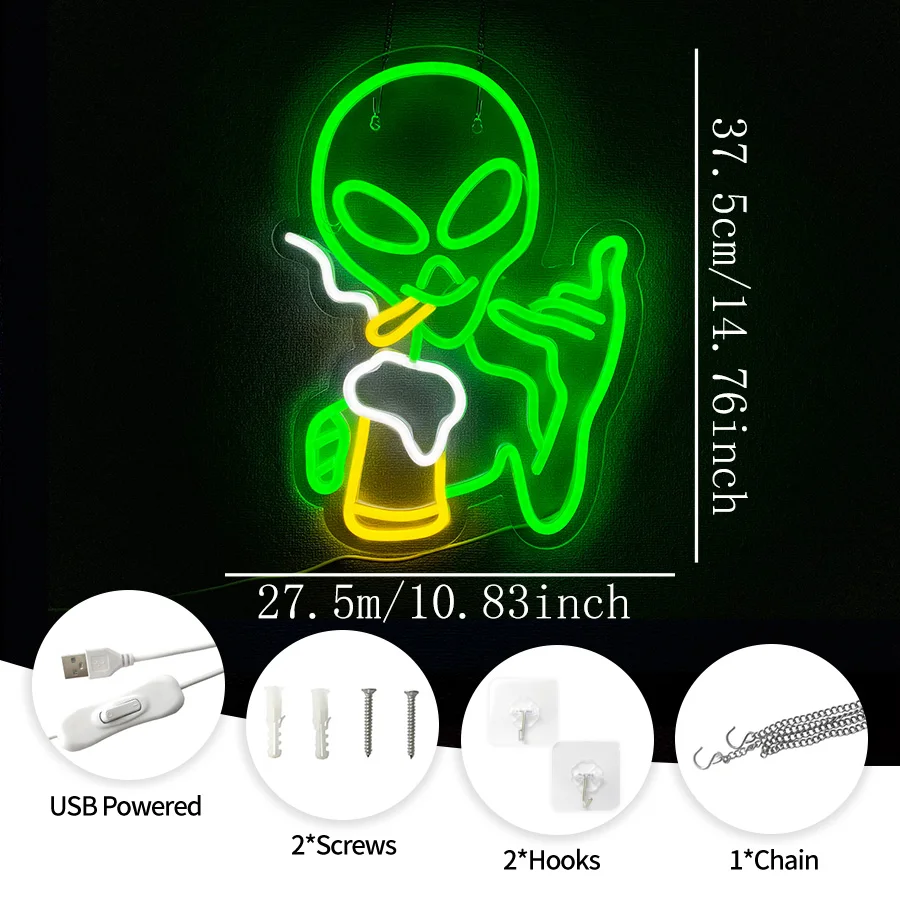 Alien Led Neon Sign, Beer Icon In Hand, Bar Wall Decor, Usb Powered Supply, Used For Bar Parties, Clubs, Man Cave Wall Lamps.