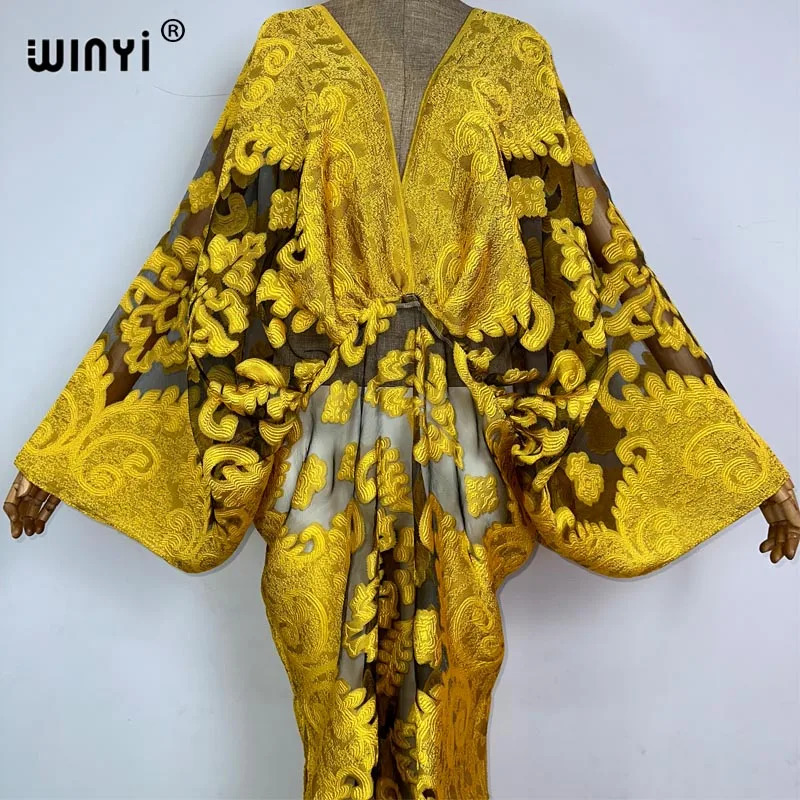 WINYI summer High fork sexy Perspective dress boho print dress Women kaftan Bohemia Africa kaftan beach Cover Up vestidos