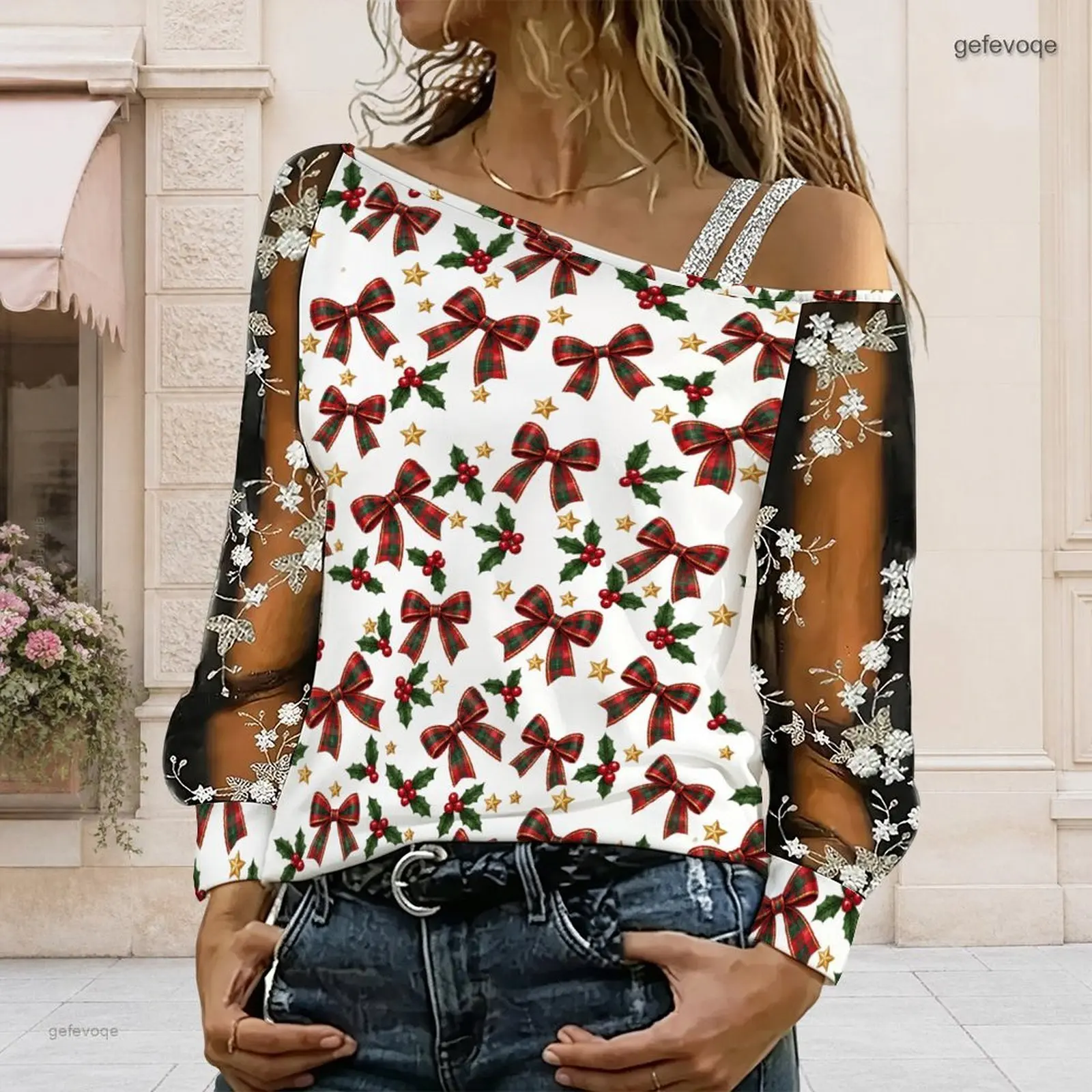 Women Asymmetric Cold Shoulder Long Sleeve Top, Nutcracker Drum Golden Star Printed Sheer Mesh Floral Embroidered Sleeves