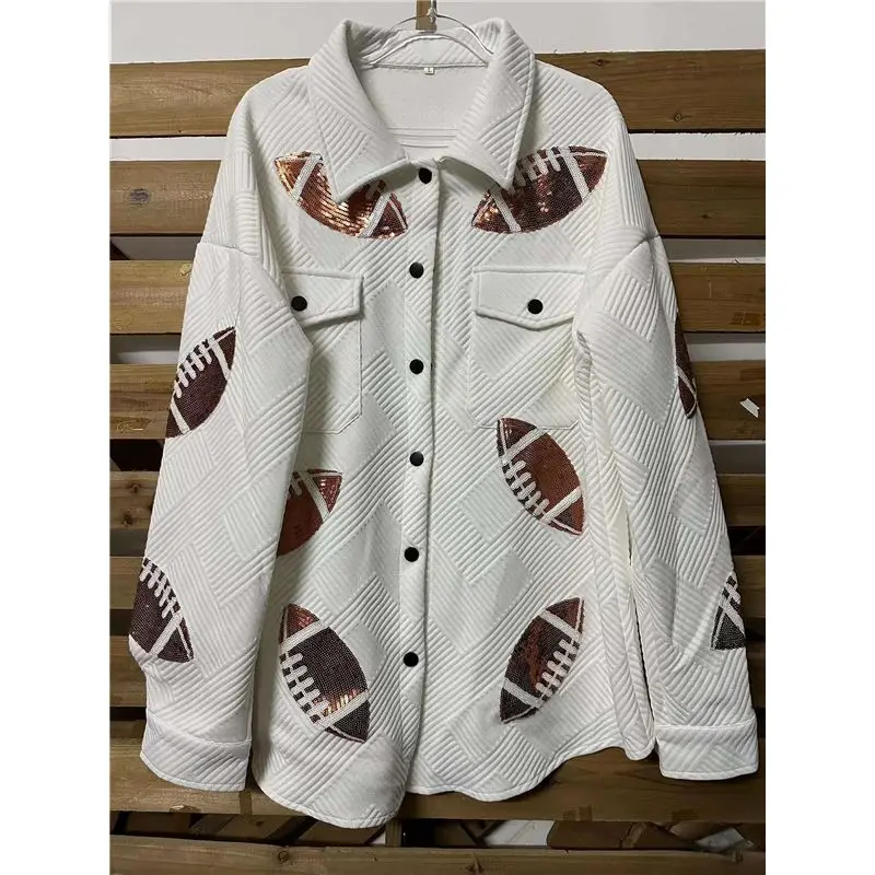 A19Q-Women's Football Corduroy Sequin Jacket Cropped Distresses Rugby Patched Shacket Coat