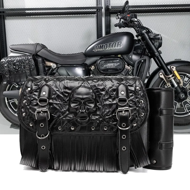 Universal Retro Throwover Motorcycle Saddlebags, PU Leather Side Gear Bag with Cup Holder Waterproof Storage Tool Bag for Harley