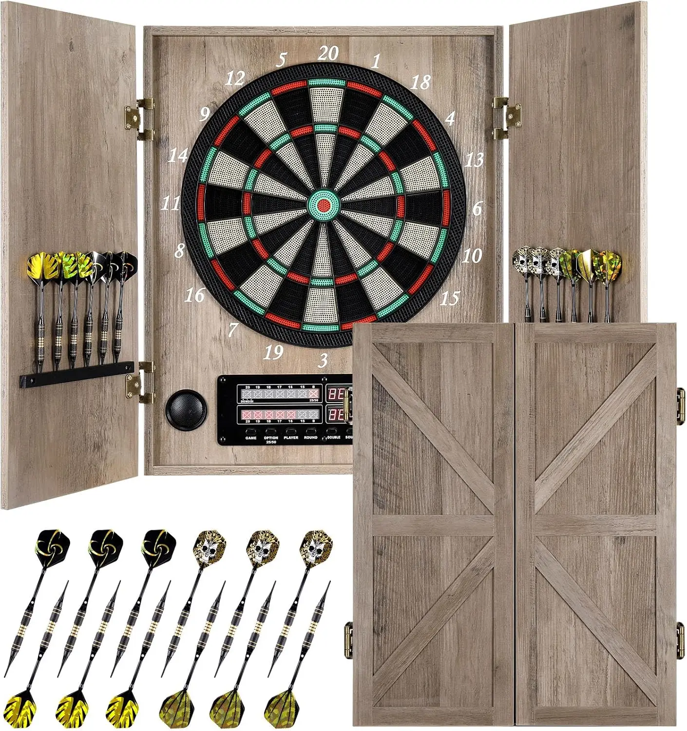 ^Electronic Dart Board, Decorative Dart Board Cabinet for Adults | [12*Bronze Soft Tip Darts] [Cricket Game Mode]- Wooden