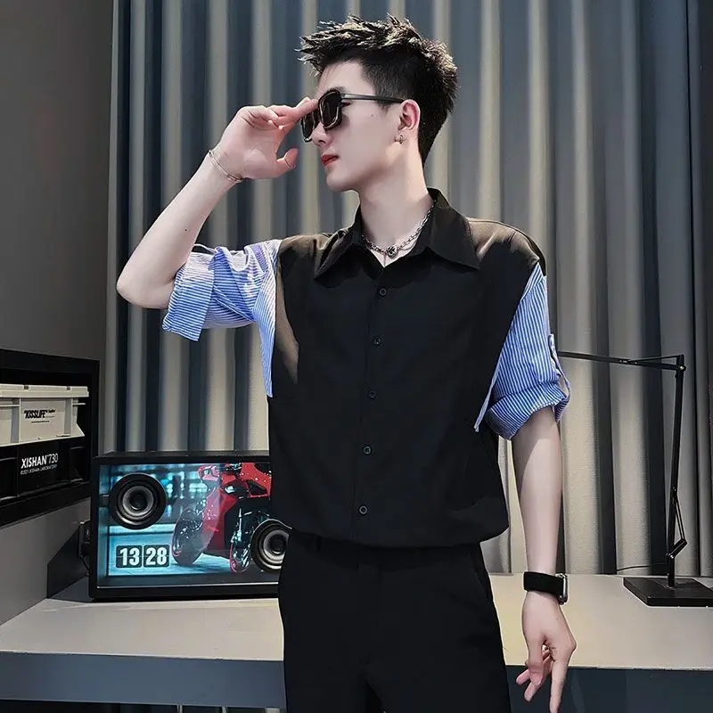 Summer Men Short Sleeve Shirt Casual Striped Spliced Fake Two Piece Fashion Simple Business Casual 2xl Oversized Blouse Tops Tee