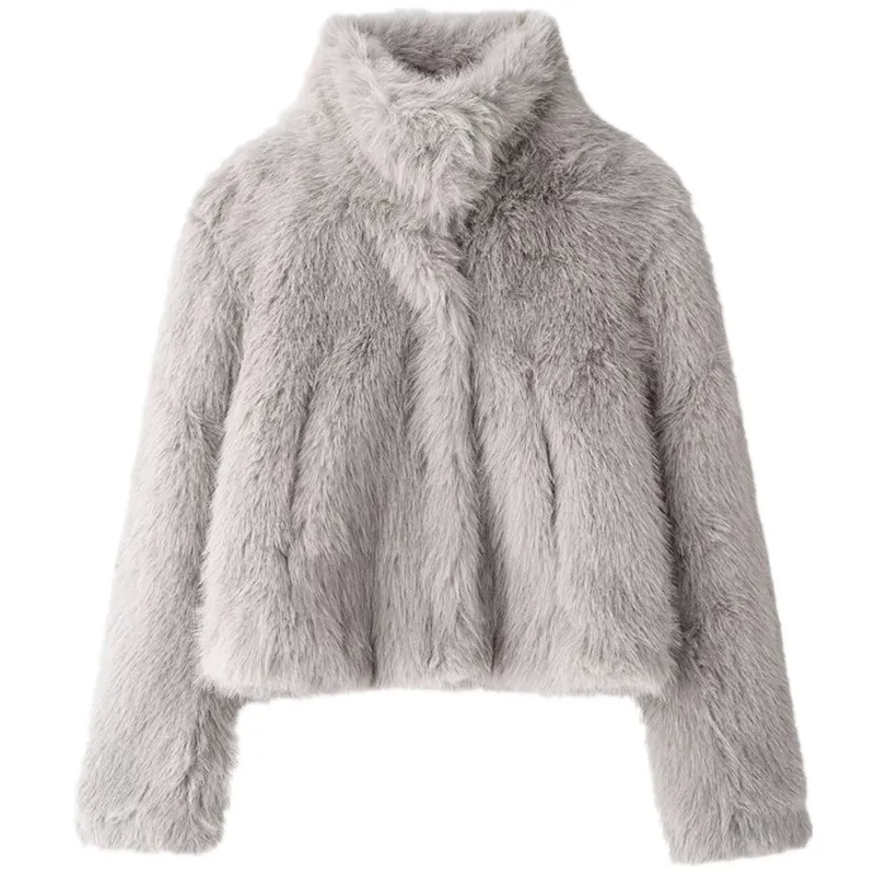 Women's Long Sve Stand Collar ort Coat Artificial Fur Effect New Arrival Fall Winter Loose Fit Versatile Sle 00% Othe...