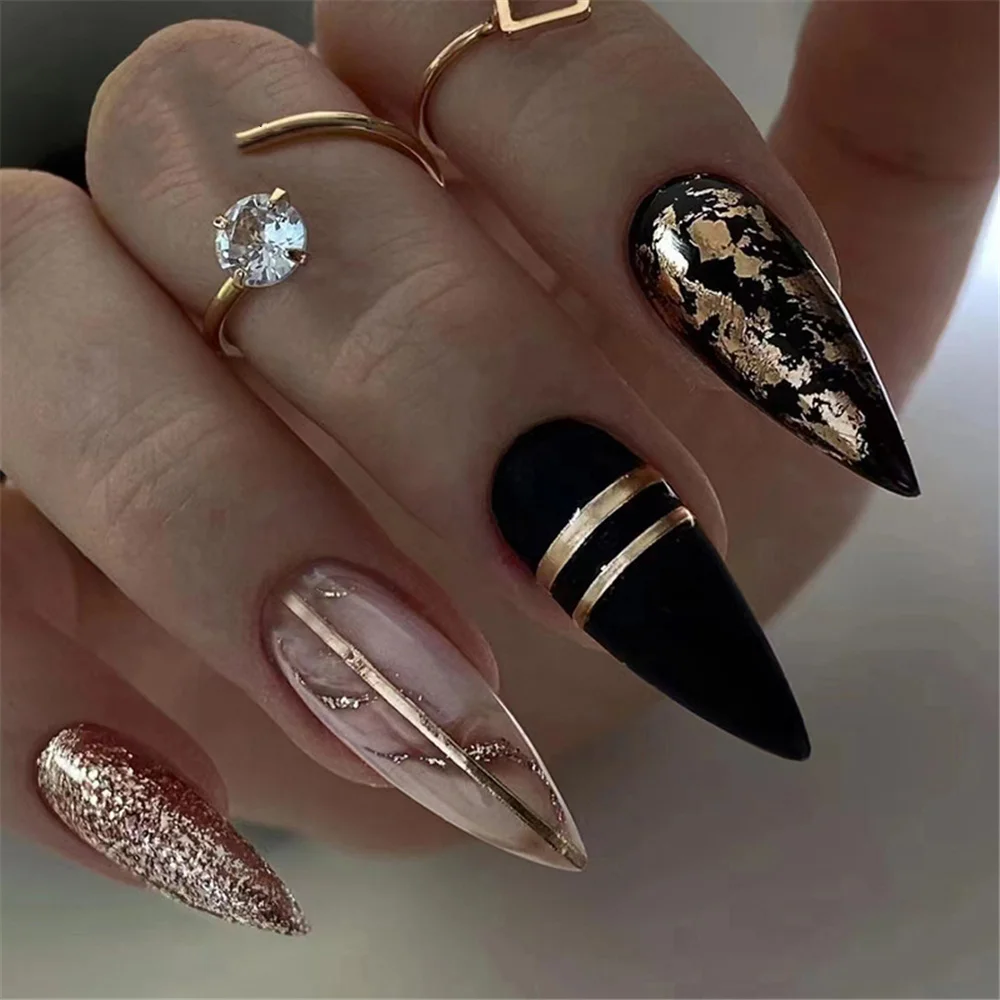 Sweet Cool Black Amandel Manicure Mode Franse Nep Nagel Tips Met Ontwerpen Draagbare Valse Nagels Ingesteld Druk Op Nagels