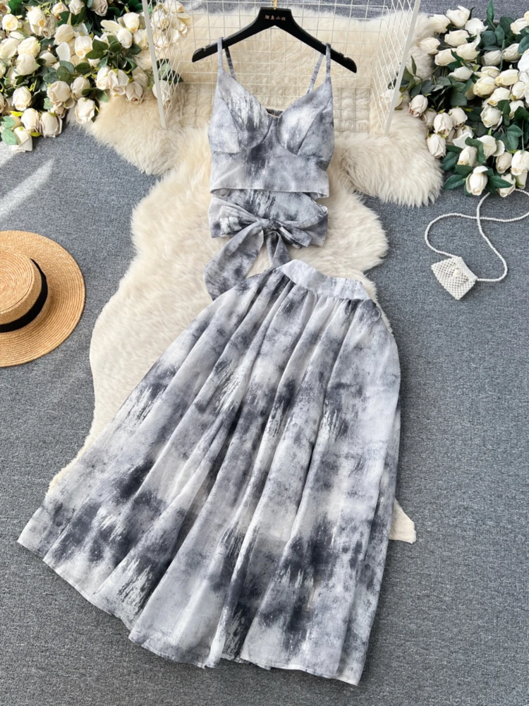 Women French Elegant Two Piece Sets Summer Vintage Ink Wash Printed Strap Top Shirt +high Waisted A-line Long Skirt Beach Suits