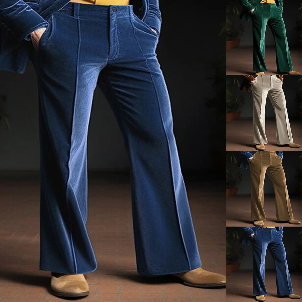 Mens Fashion Stand Pocket Elegant Gold Velvet Seamless Pants Flare Solid Color Strech Trousers Comfortable Full-Length Bottoms
