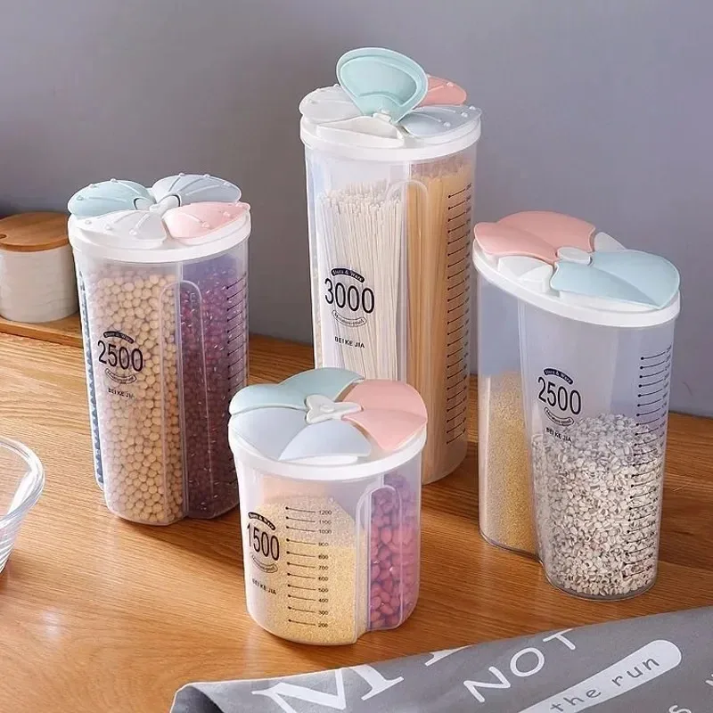 Kitchen Storage Box Transparent Cereal Rice Grain Separate Dispenser Organizer Kitchen Container Moisture-Proof Sealed Cans