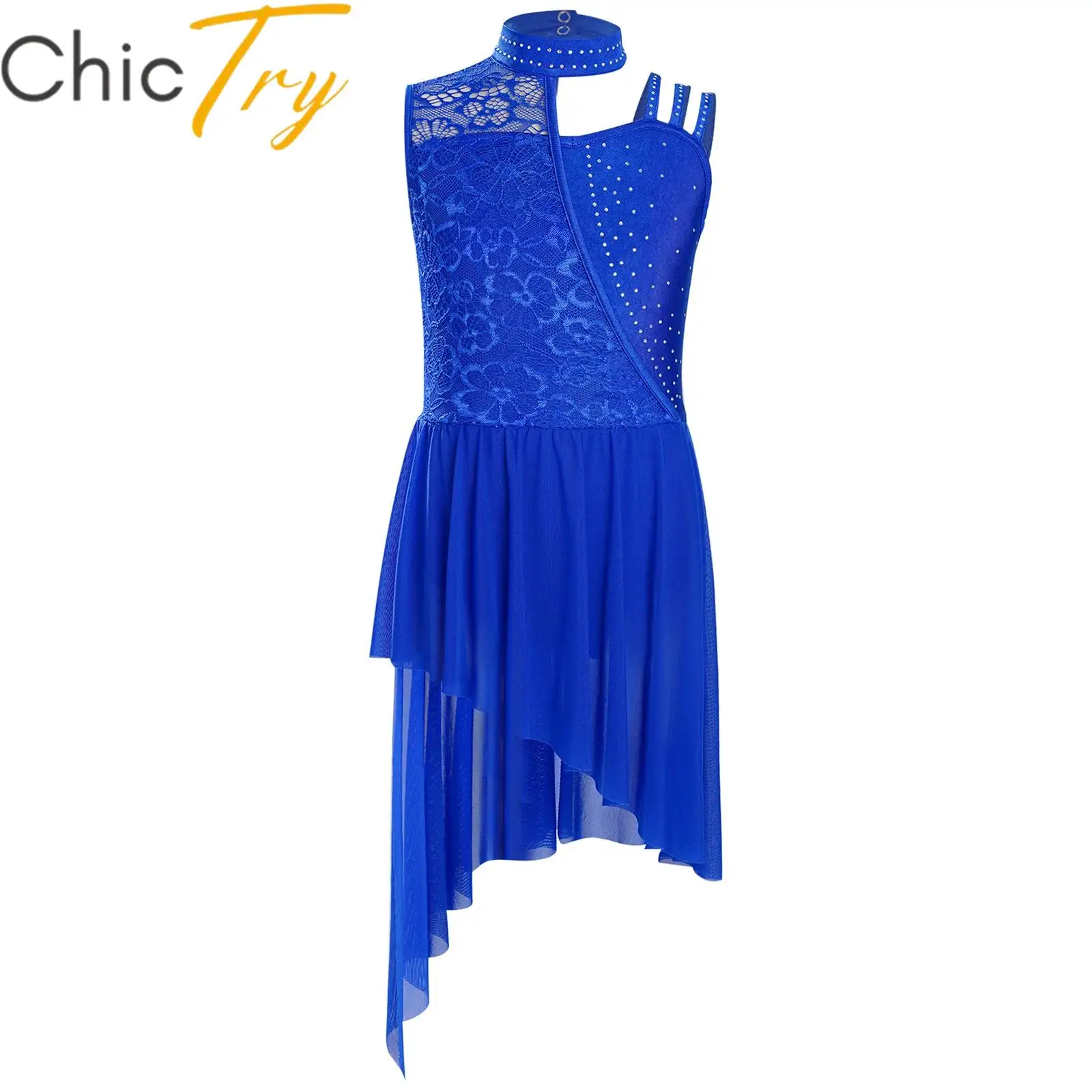 

Kids Girls Lyrical Dance Dress Mock Neck Asymmetrical Shoulder Floral Lace Rhinestones Irregular Hem Leotard Dress Dancewear
