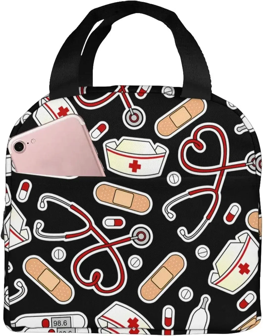 Nurse Theme Lunch Bag for Women Insulated Tote Bag Reusable Cooler Lunch Box for Work Picnic Travel One Size