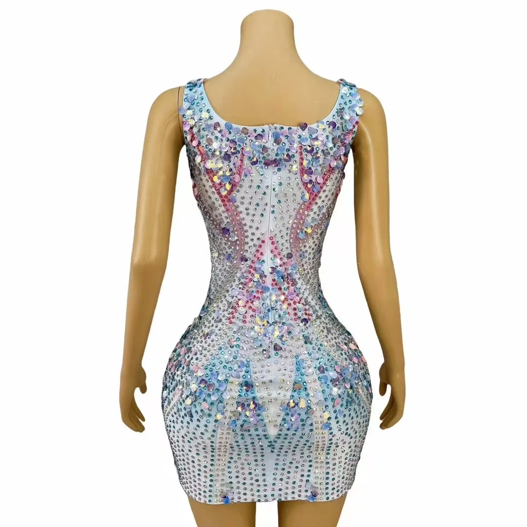 Sexy High-end Handmade Blingbling Sequins Shells Rhinestones Short Dress Women Party Outfit Dancer Singer Performance Costume