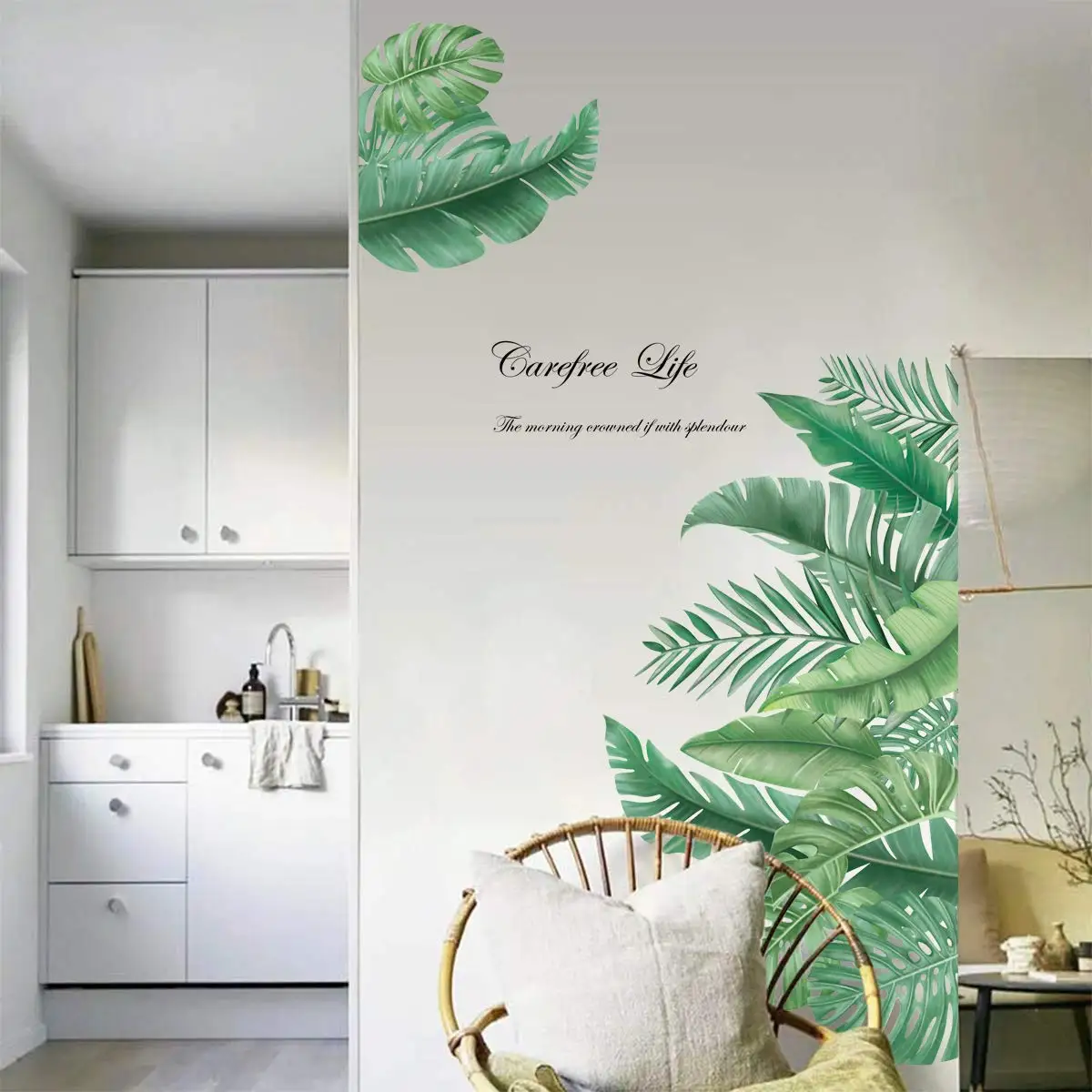 3D Green Palm Leaf Door Sticker Self-Adhesive Photo Wallpaper for Bedroom Entrance Poster Furniture Decal Home Design Door Cover