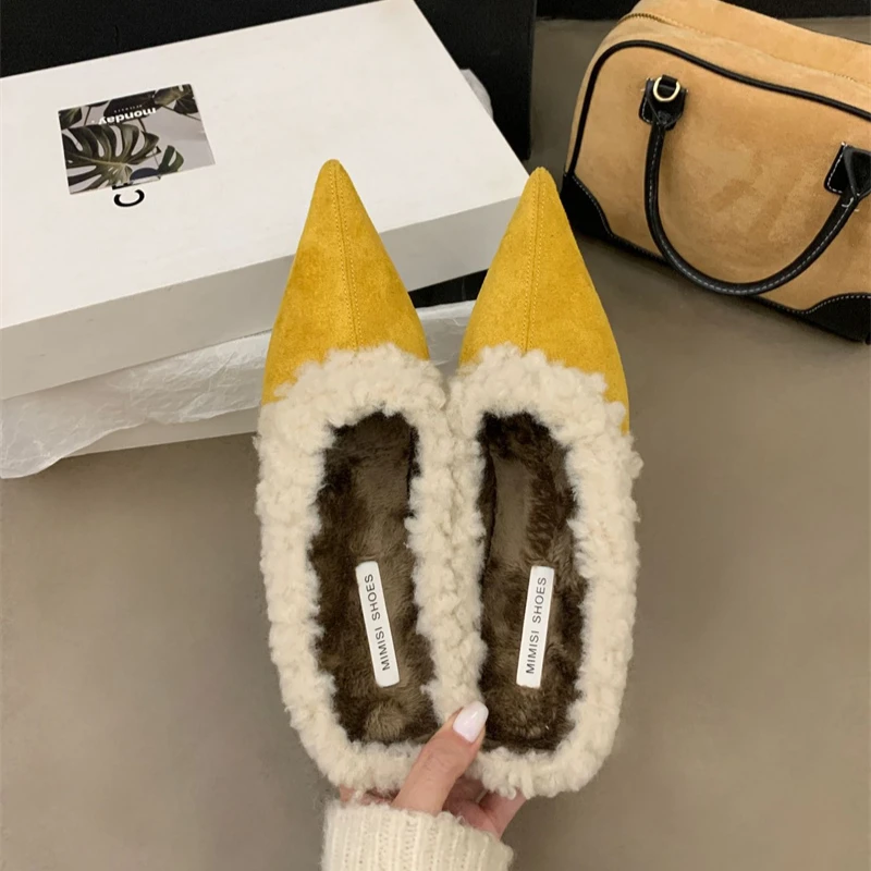 2024 Lamb Wool Inner Slippers Pointed End Imitation Suede Short Heel Outer Slippers Autumn/winter Color Block Woman Shoes 35-40