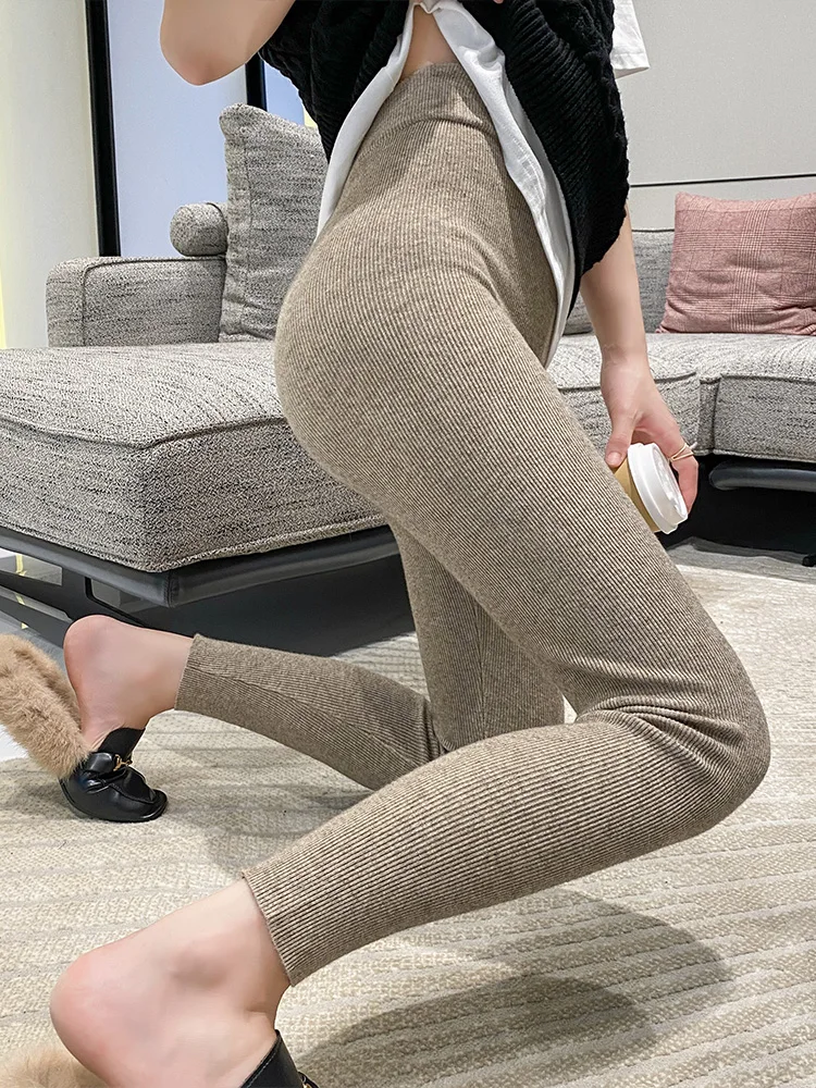 

High Waist Yoga Pants Women's Slim Fit Knitted Nine Points Sports Elastici Warm Tummy Control Leggings Autumn Season