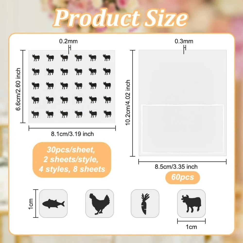 240pcs 4 Styles Black Meal Stickers 0.4 Inch with 60pcs Table Place Card Food Choice Sticker Set Cow/Chicken/Fish making kit