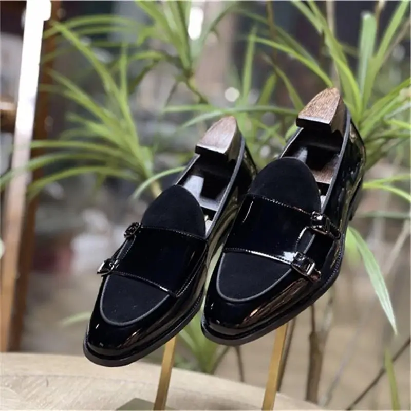 Pointed Toe Fashion Design Real Leather Mens Loafers Black Casual Dress Shoes for Wedding Party Monk Double Buckle  Men Shoes