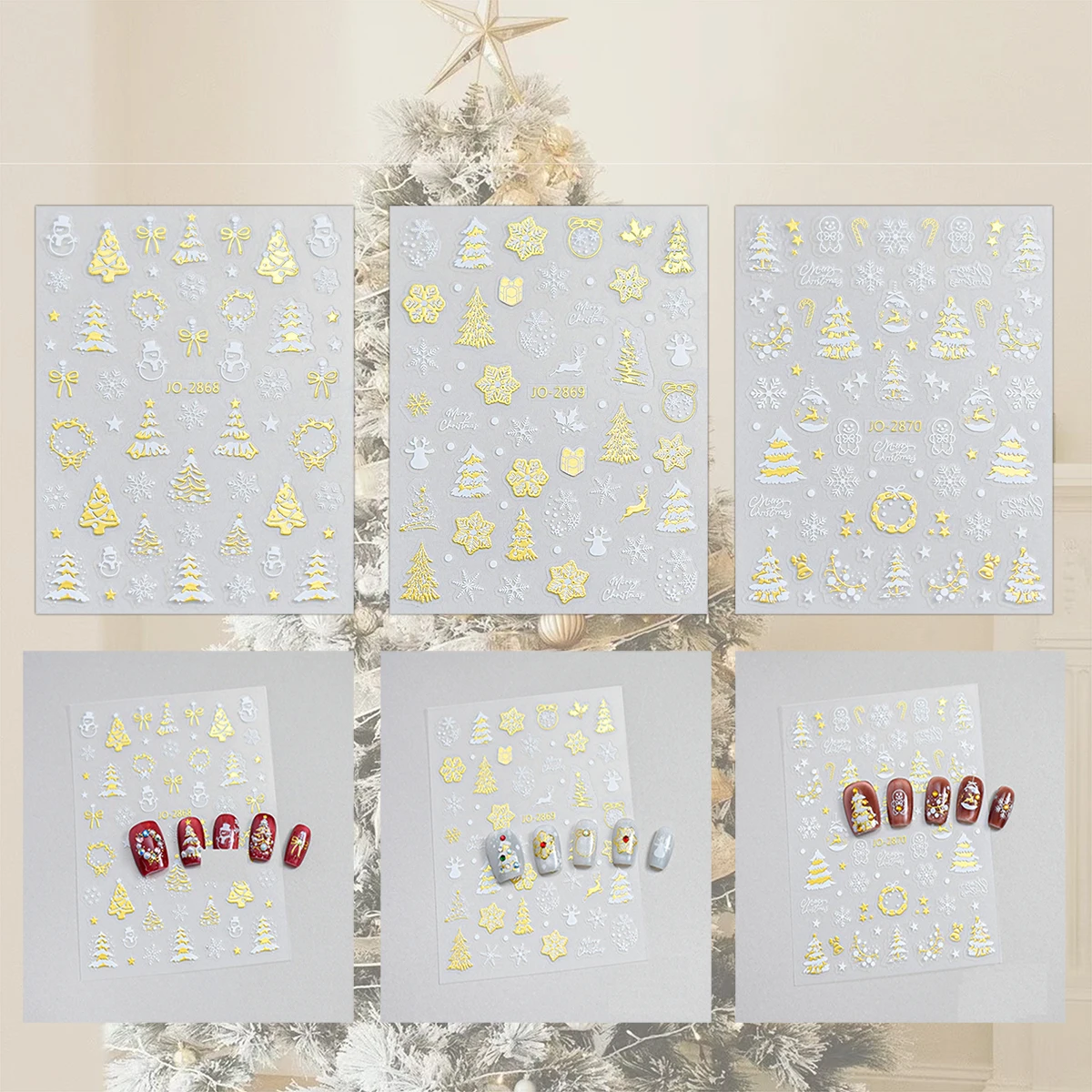 3/6 ورقة الذهب الأبيض عيد الميلاد مسمار ملصقات ندفة الثلج شجرة عيد الميلاد ستار ذاتية اللصق مسمار ملصقات فنية ل الشتاء مانيكير #2