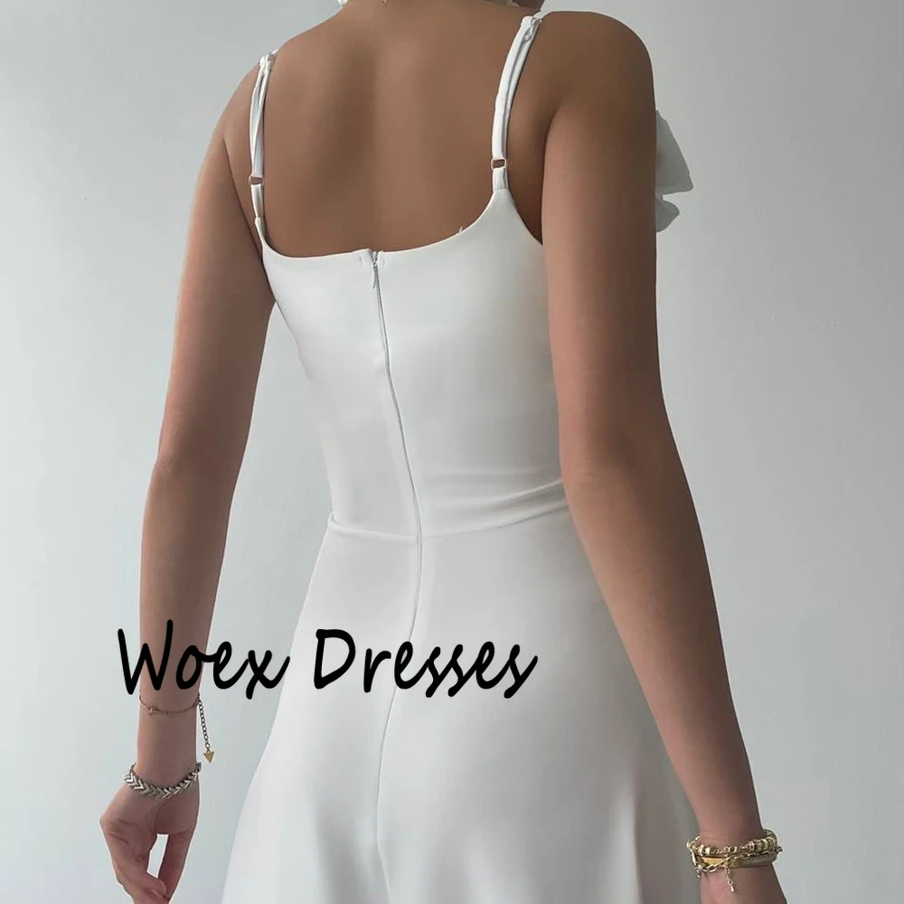 Dostosowana Spaghetti biała prosta suknia wieczorowa w kształcie litery A z kwiatem bez rękawów sukienka na imprezę seksowna suknia wieczorowa bez pleców do kostek