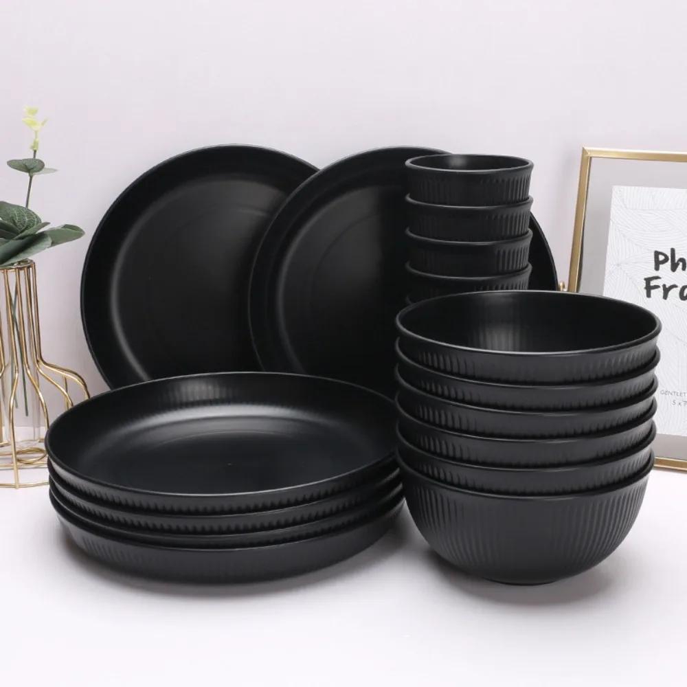 

3pcs/set Kitchen Supplies Plastic Black Tableware Set Vertical Stripes Anti-fall Cutlery Set Plate/Bowl/Cup Outdoor