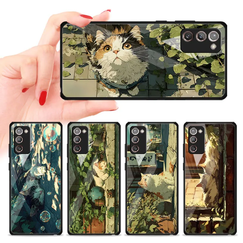 Black Case for Samsung Galaxy Note 20 Ultra 5G 10 Plus 9 8 Tempered Glass Phone Cover Wafu Neko Cozy Cat Corner M12 J7 Prime J8