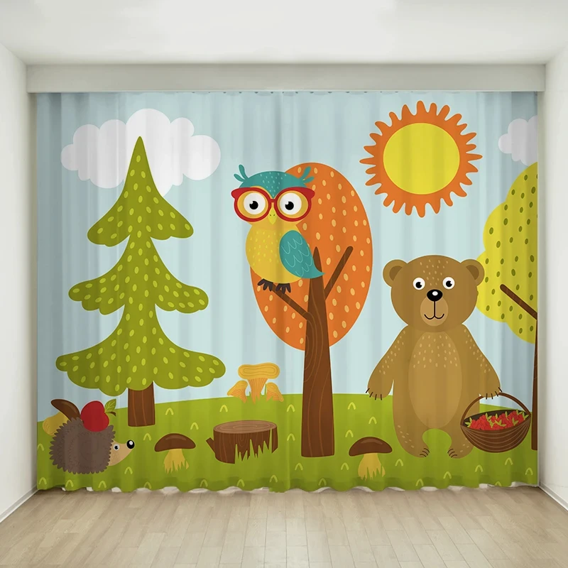 Cute Catoon Style Zoo Animal Bear Giraffe Lion High Shading Curtain Children's Bedroom Living Room Window Blackout Curtain 2 Pcs