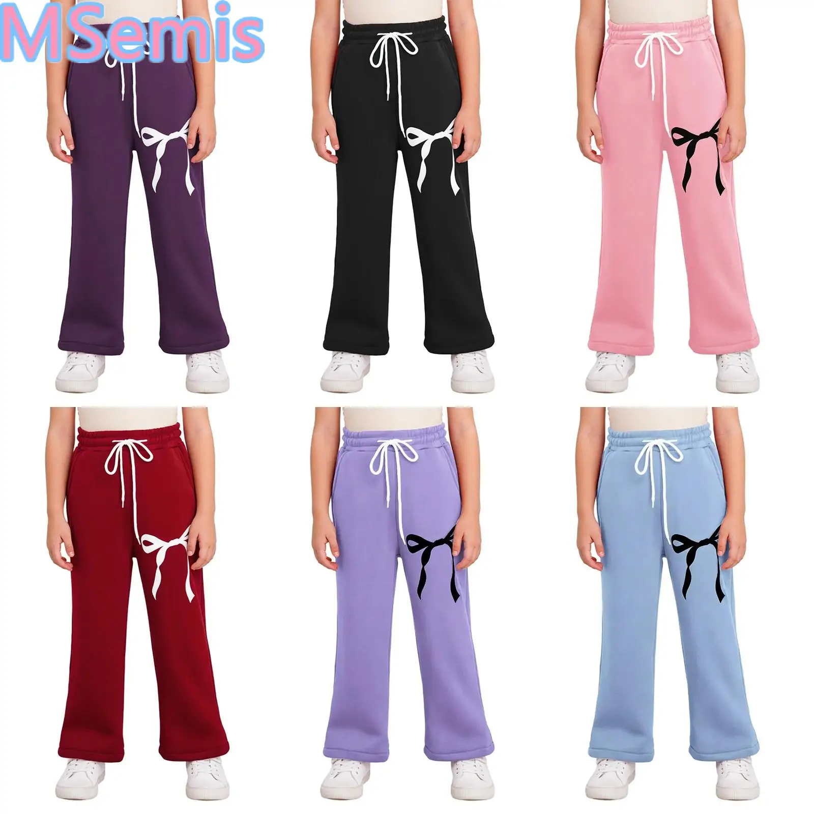 

Kids Girls Cute Bowknot Sports Pants Print Fleece-lined Pants Drawstring Elastic Waistband Straight-Leg Sweatpants with Pockets