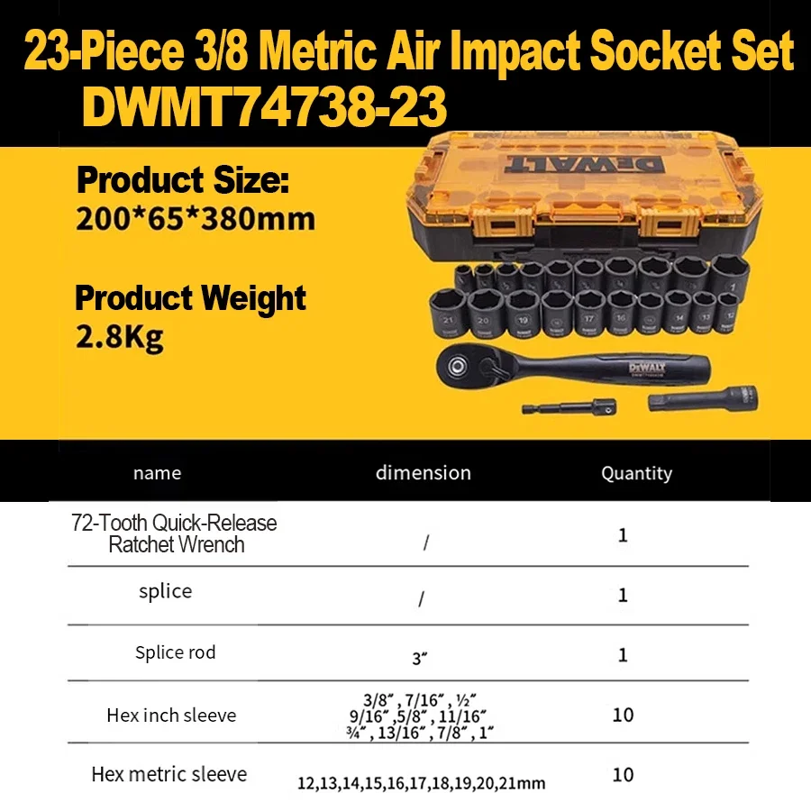 DEWALT DWMT74738 3/8'' Impact Socket Set met Impact Extension & Afsluitbare Box 23 Stuks Metrisch/SAE Socket Drive Boor Adapter