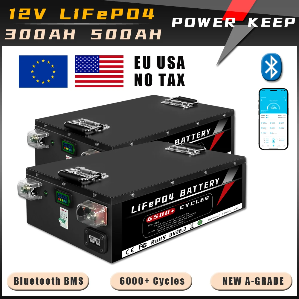 New 12V 200Ah 300Ah 500Ah LiFePO4 Battery Bluetooth BMS Grade A Lithium Iron Phosphate For Inverter Solar RV Boat No Tax