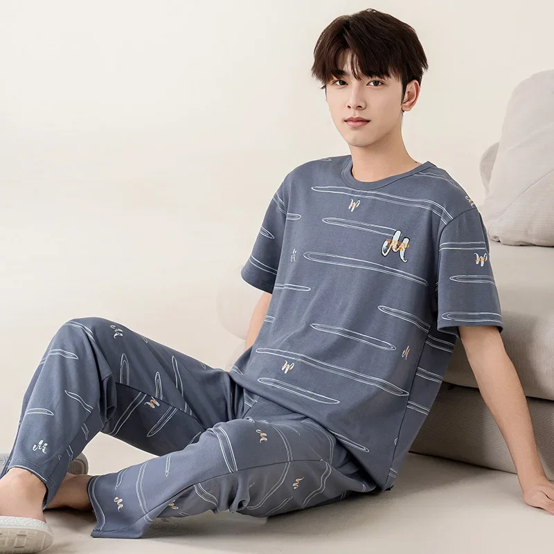 L-5XL Cotton O-neck Plus Size Men's Pajamas Fashion Sleepwear Male Summer Nightwear 2025 New Lounge Set pyjama homme coton
