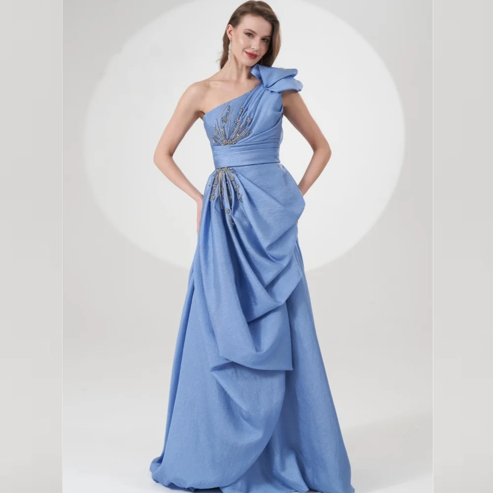 Jersey Sequined Ruched Beading Christmas A-line One-shoulder Bespoke Occasion Gown Long Dresses