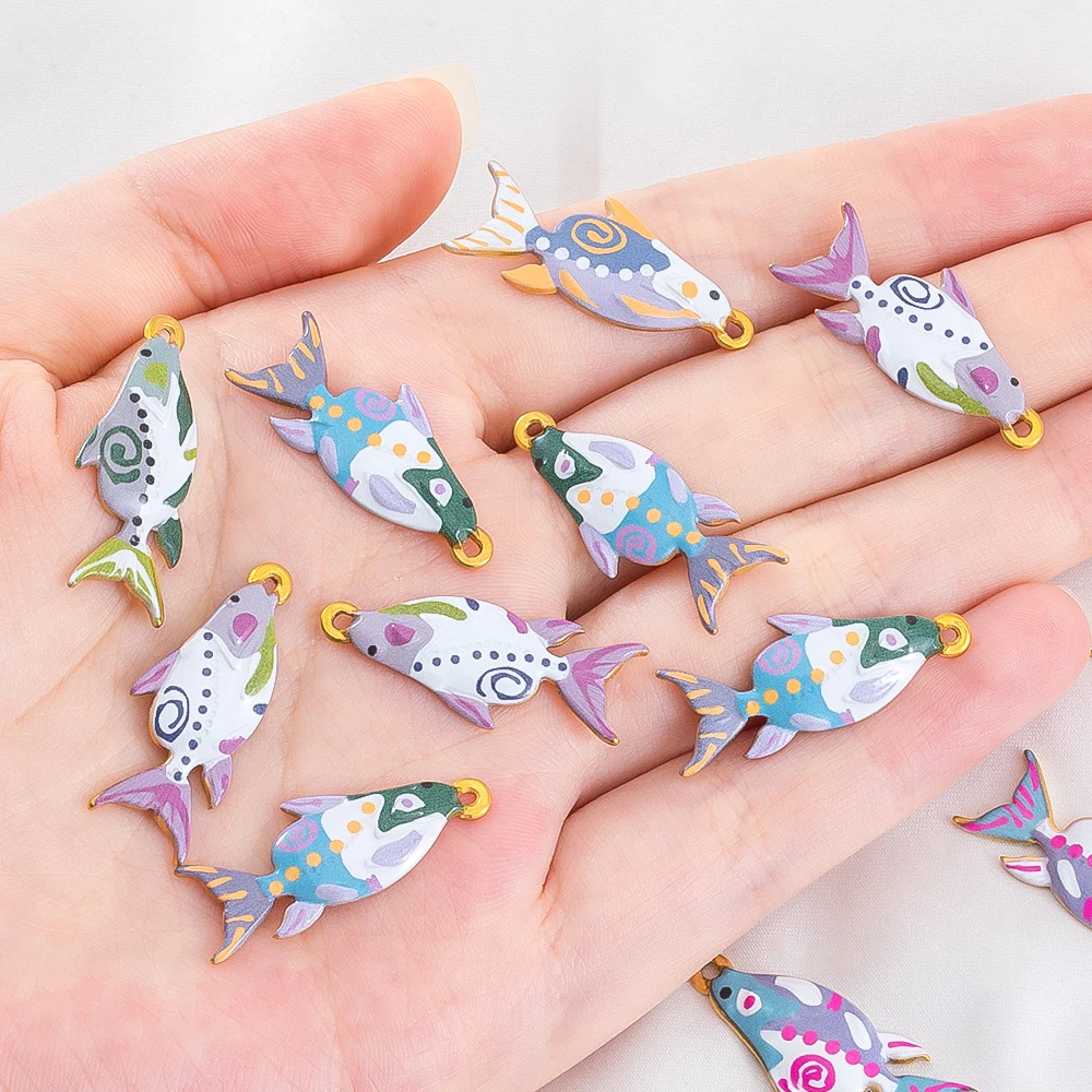 2pcs Stainless Steel Painted Cartoon Shark Oil Drip Pendants for DIY Jewelry Making Necklace and Earring Accessories