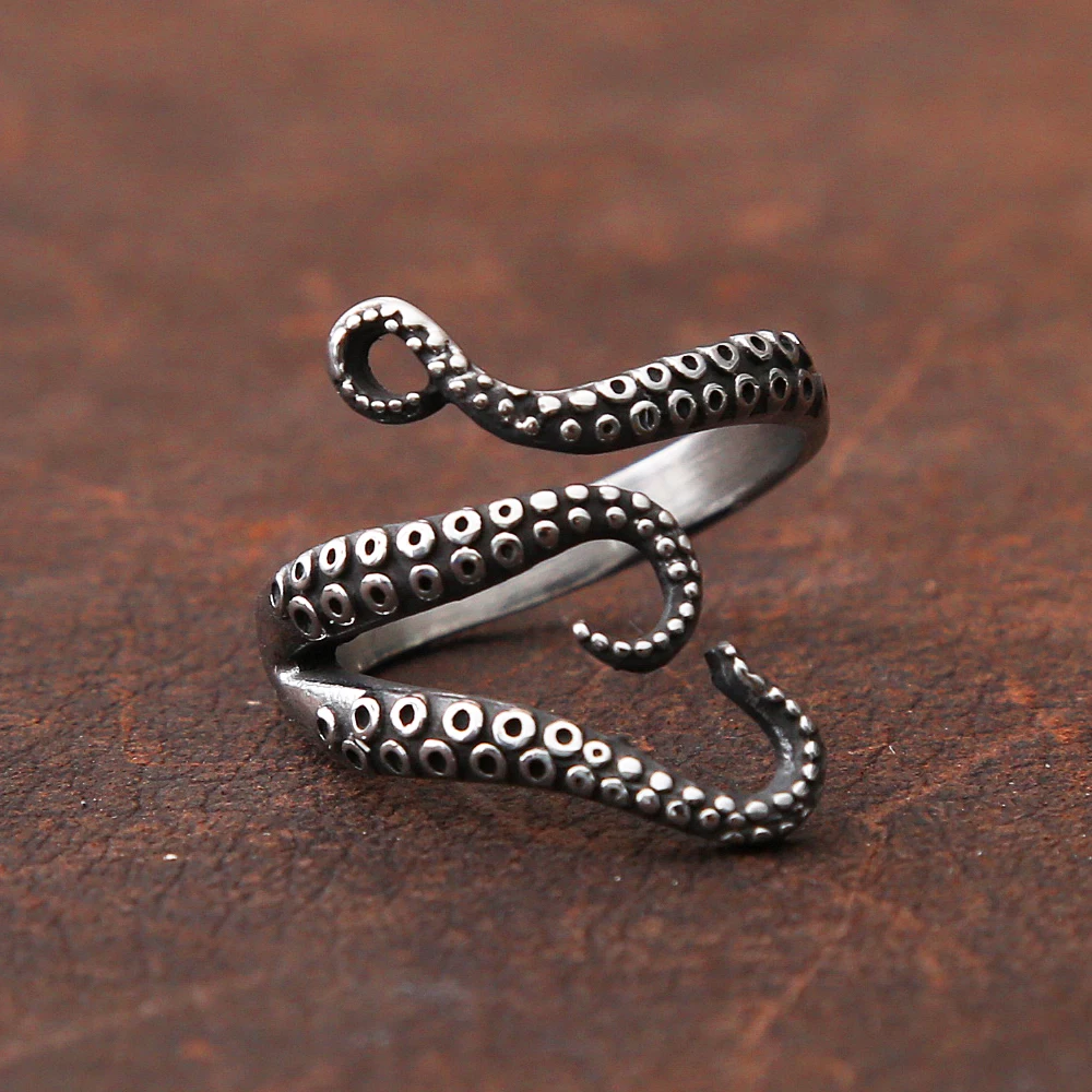 Retro Pirate Octopus Ring Men Punk Biker Men Women Ring Viking Octopus Stainless Steel Ring Opening Goth Accessories