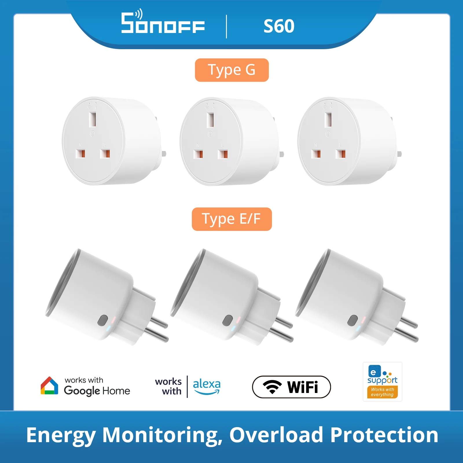 1-5PCS SONOFF S60 EU/UK Plug 13A 16A TPF/TPG wifi Smart Socket Overload Protection  Timer Scene Remote Control via eWeLink Alexa